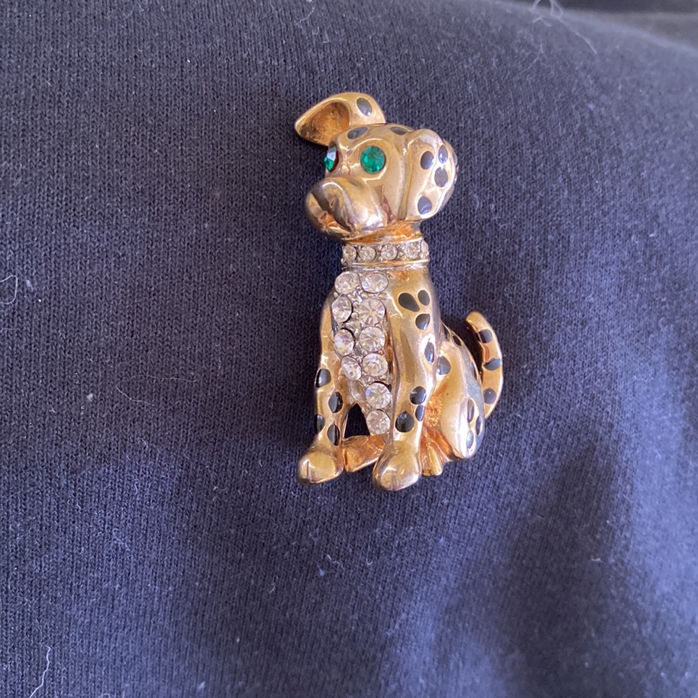 Dog Pin Brooch Gold Crystal Rhinestones Black Enamel Spots Spotted Dog Dalmation